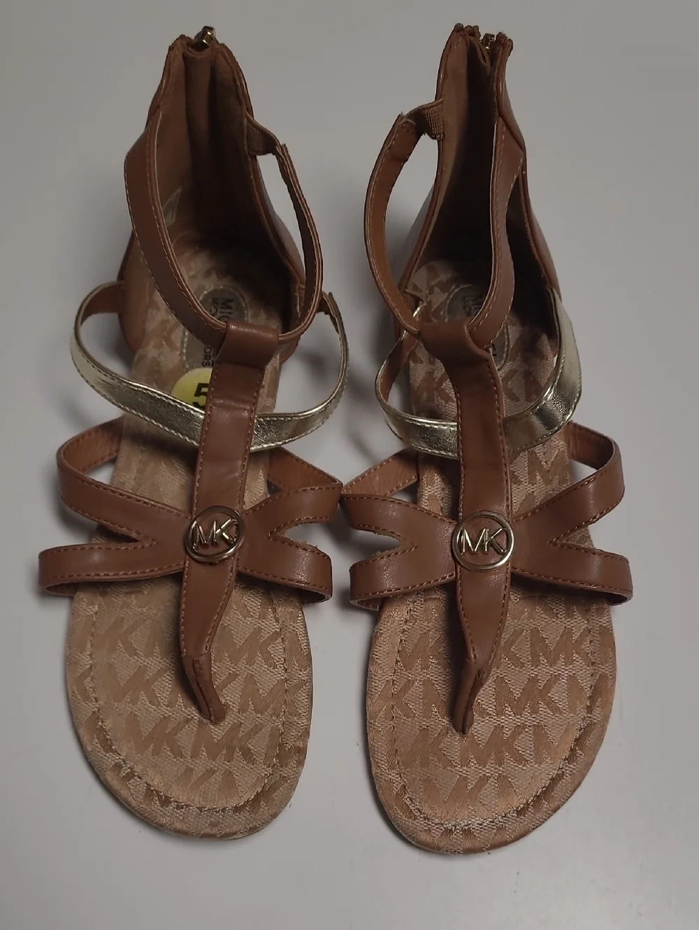 Michael Kors Brown and Gold Leather T-Strap Sandals - Size 5 Adult